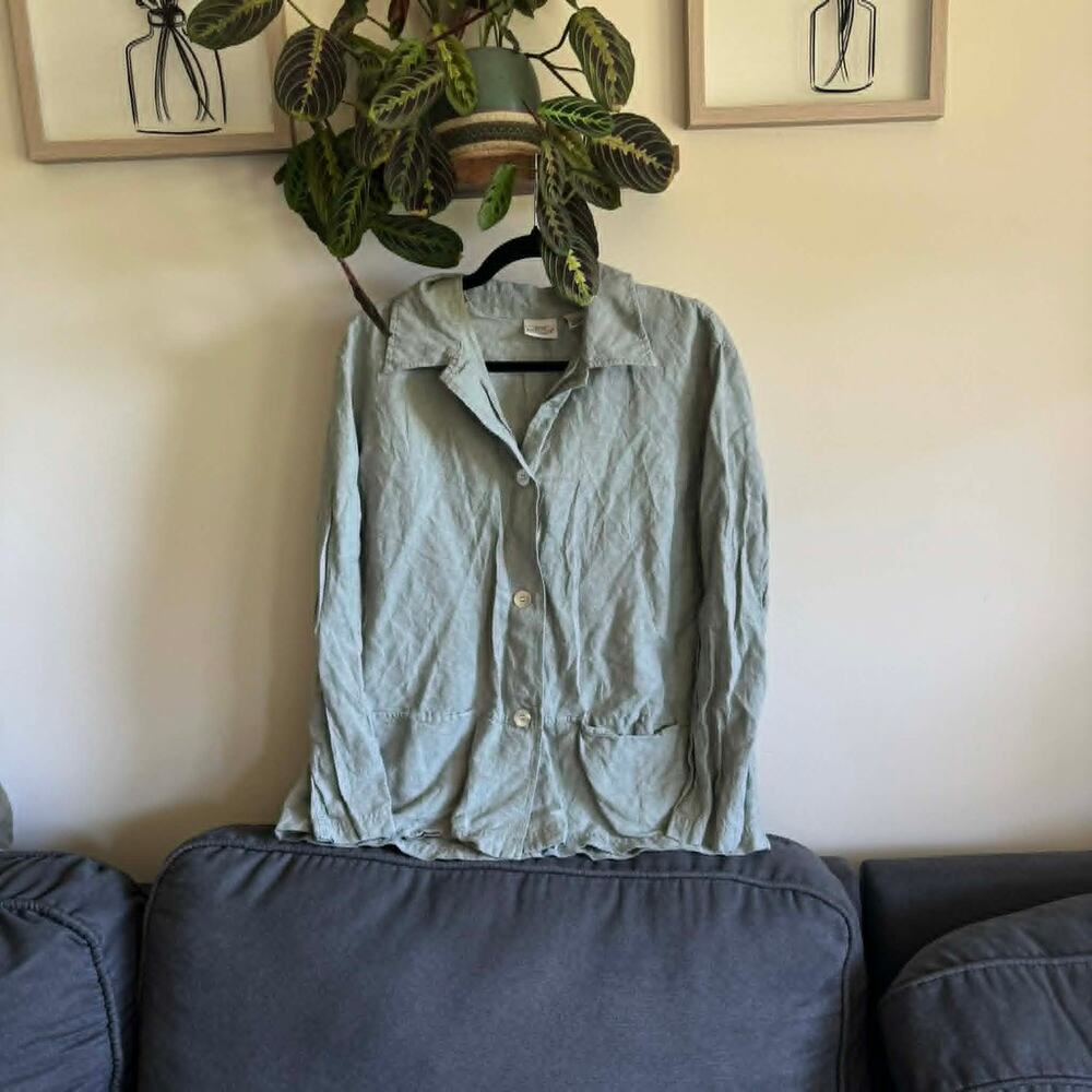 Sonoma Size L Olive Green Linen Blend Button Down Shirt - 54% Linen 46% Cotton